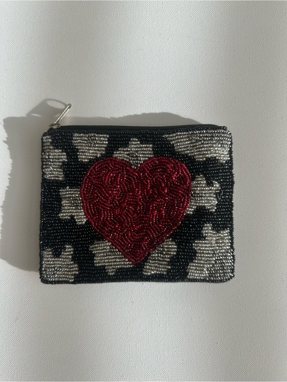 Beaded Heart Zip Pouch - Black, Silver & Red - Picture 1 of 2